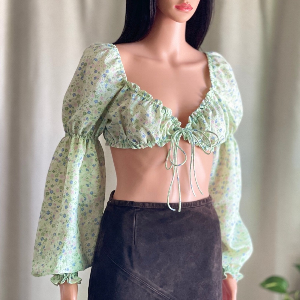 Light Green Floral Milkmaid Puff Sleeve Crop Top Cottagecore Romantic Coquette S